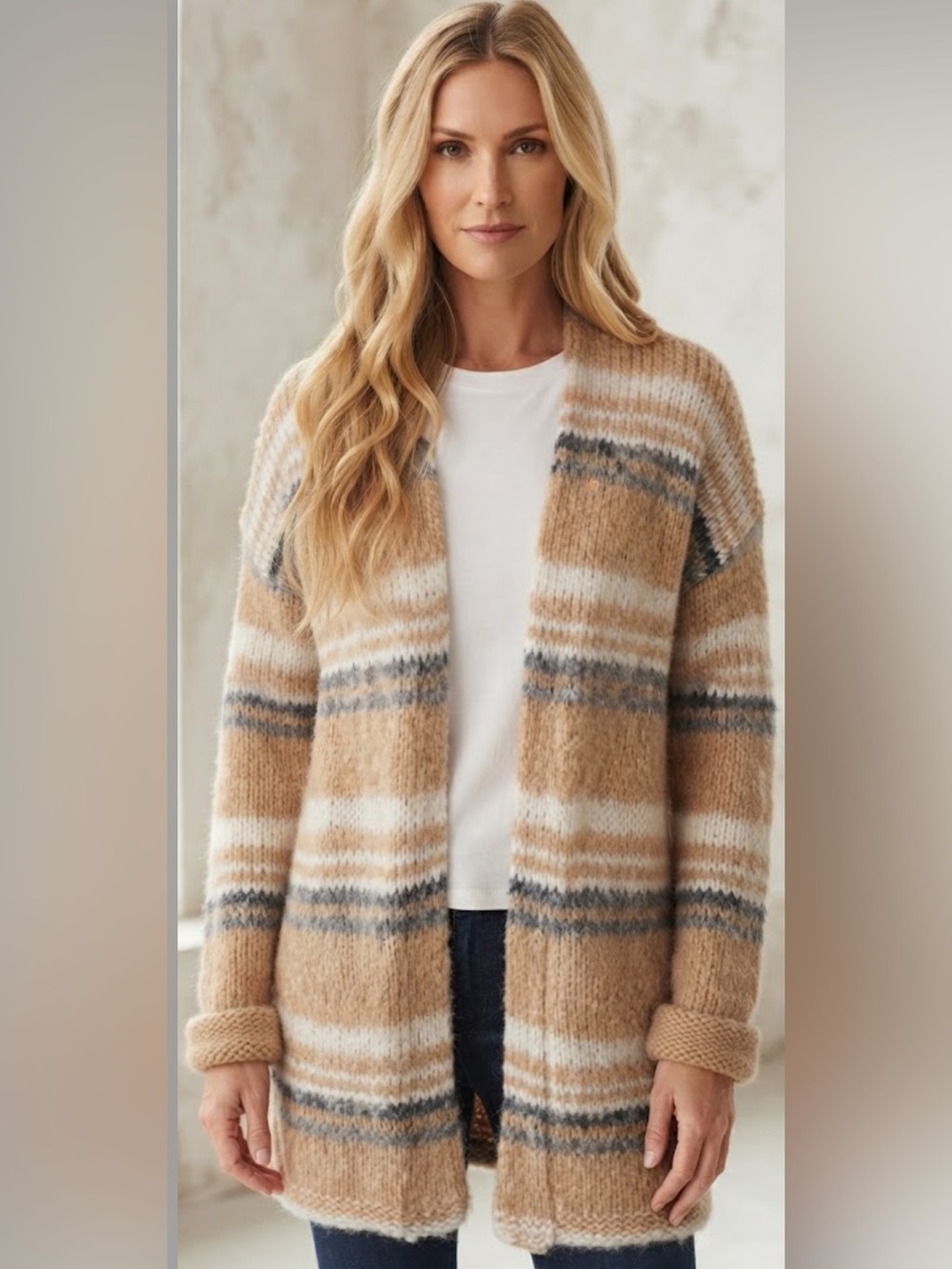 NWT Anthropologie Striped Open-Front Cardigan Sweater - Camel, White, Gray